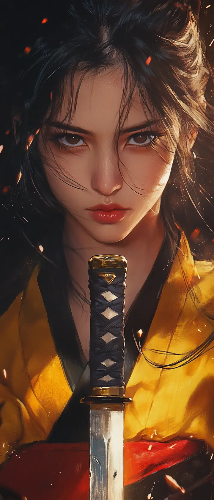 Anime warrior woman with sword in dramatic close up