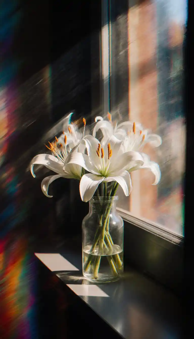 White lily bouquet on a windowsill in morning sunlight