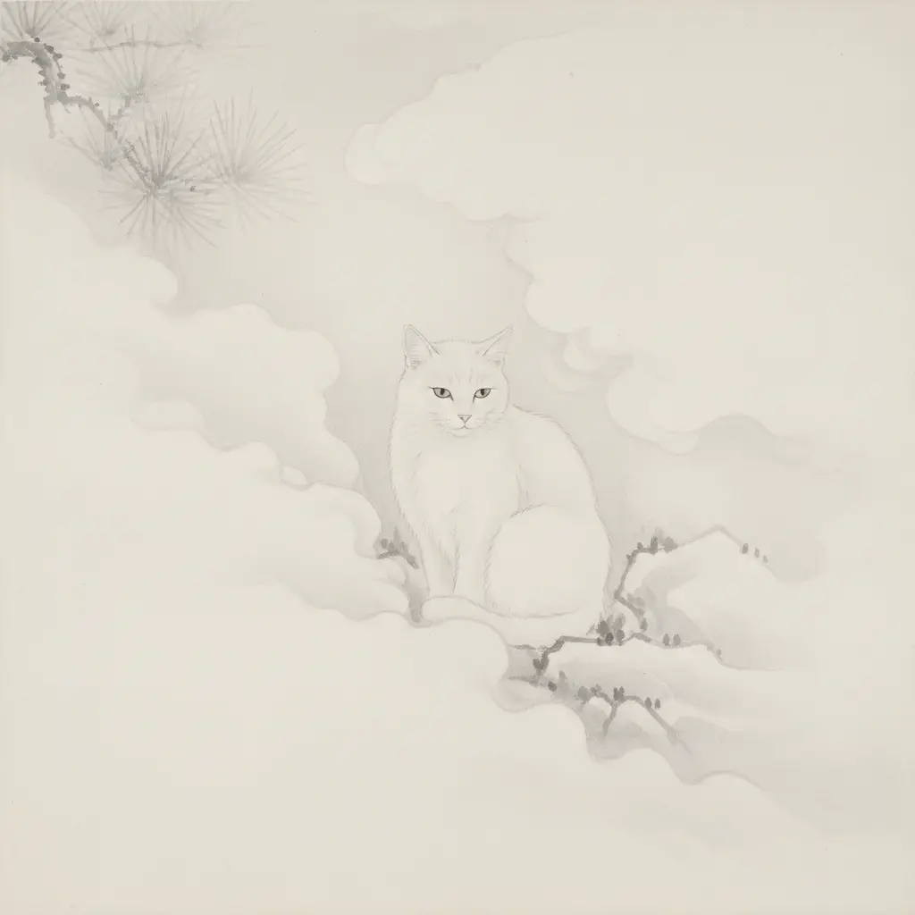 Weiße Katze, die in weichem monochromem Tinten­nebel ruht