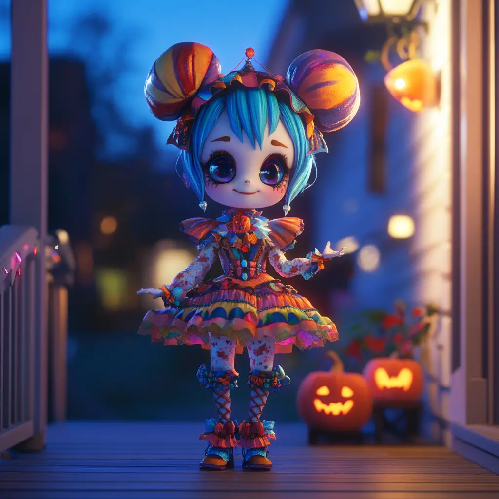 Charmantes Chibi-Clown-Mädchen auf einer Halloween-Veranda im Vorort