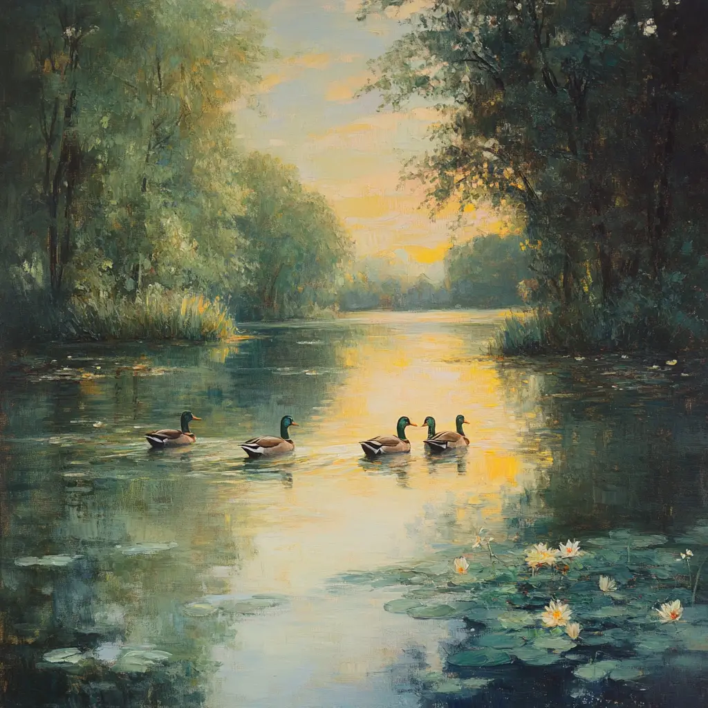 Serene Sunrise Lake With Ducks And Gentle Morning Mist