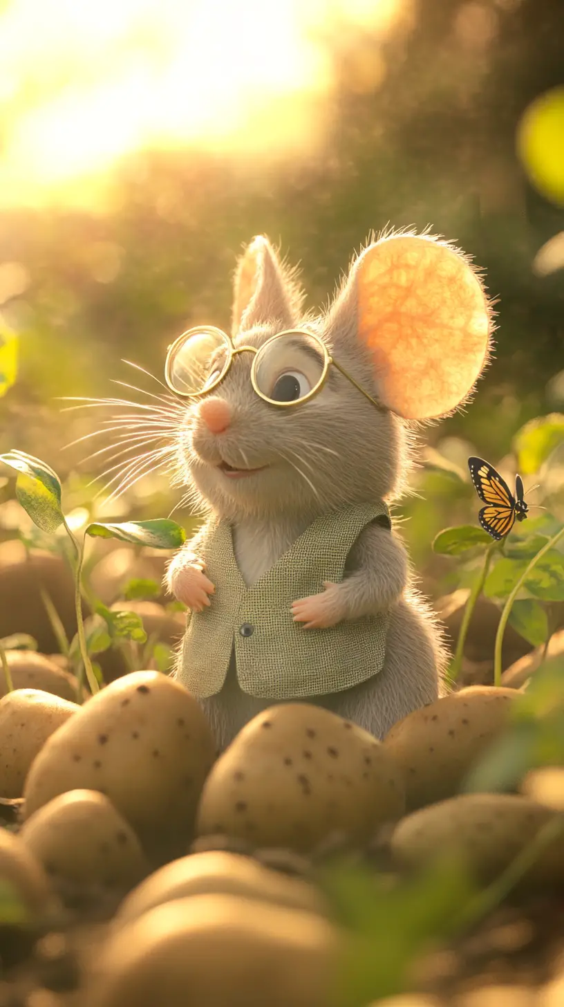 Nachdenkliche Cartoon-Maus in einem sonnigen Kartoffelfeld