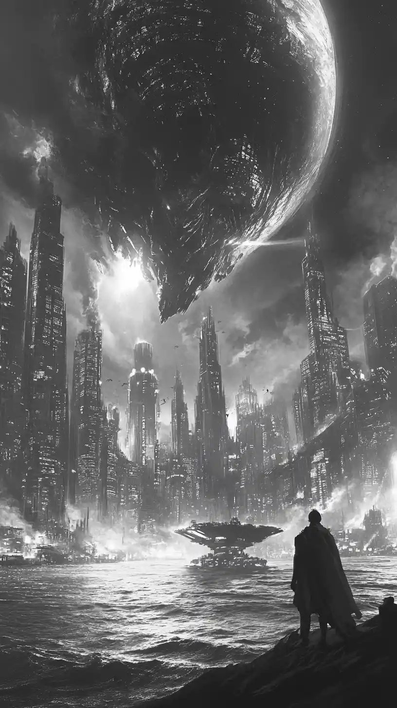 Mostro gigantesco e onirico incombente sopra una fredda città notturna
