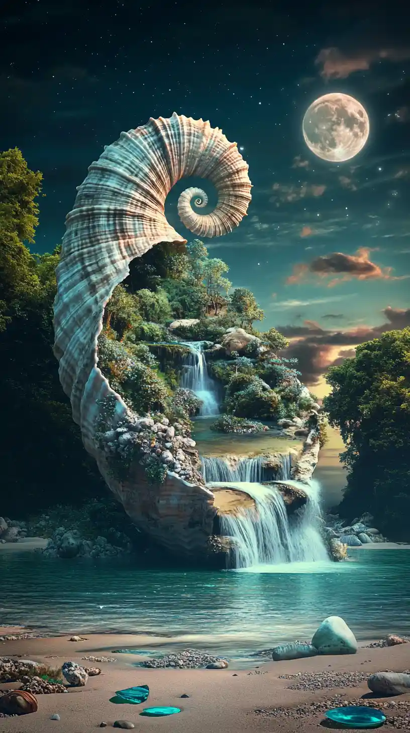 Isla 3D surreal oculta dentro de una gigantesca concha
