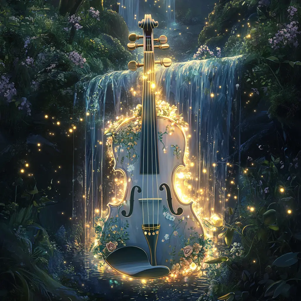 Verzauberte Violine mit Blumen in einem mystischen Wald