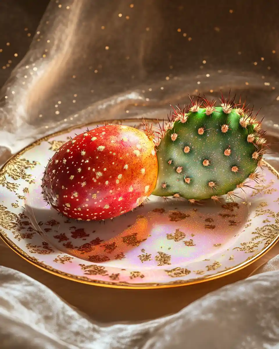 Frutto di cactus di alta cucina servito sotto una luce dorata brillante