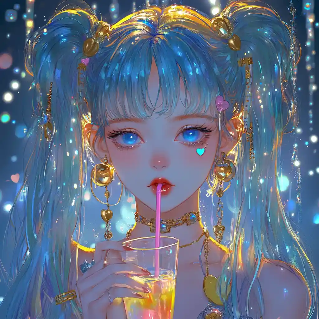 Fille d’anime aux cheveux néon tenant une boisson arc-en-ciel
