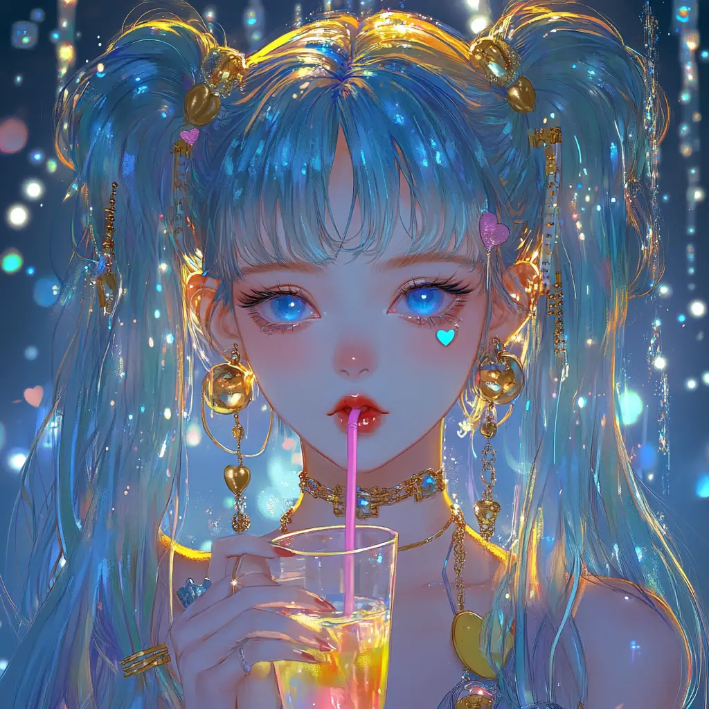 Fille d’anime aux cheveux néon tenant une boisson arc-en-ciel