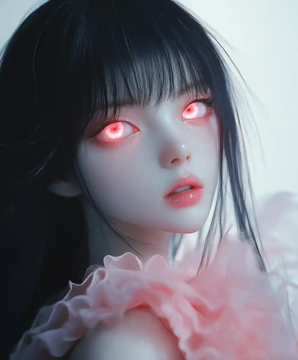 Ritratto di ragazza anime iridescente con occhi rossi luminosi