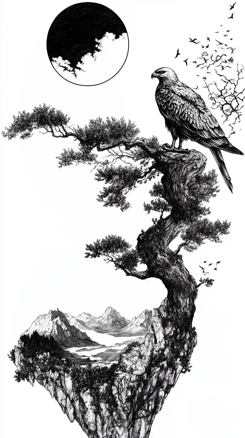 Ink hawk illustration with yin yang illusion elements