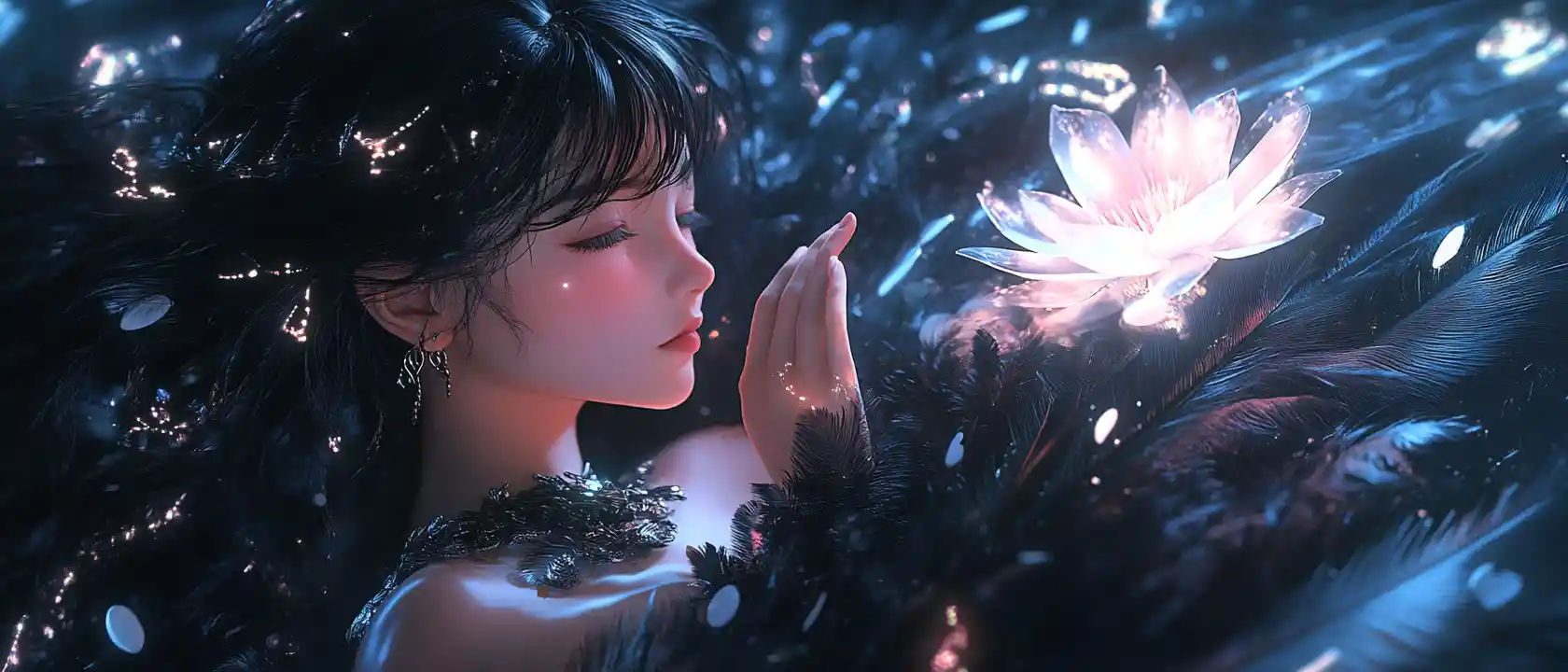 Héroïne d’anime tendant la main vers une fleur mystique lumineuse