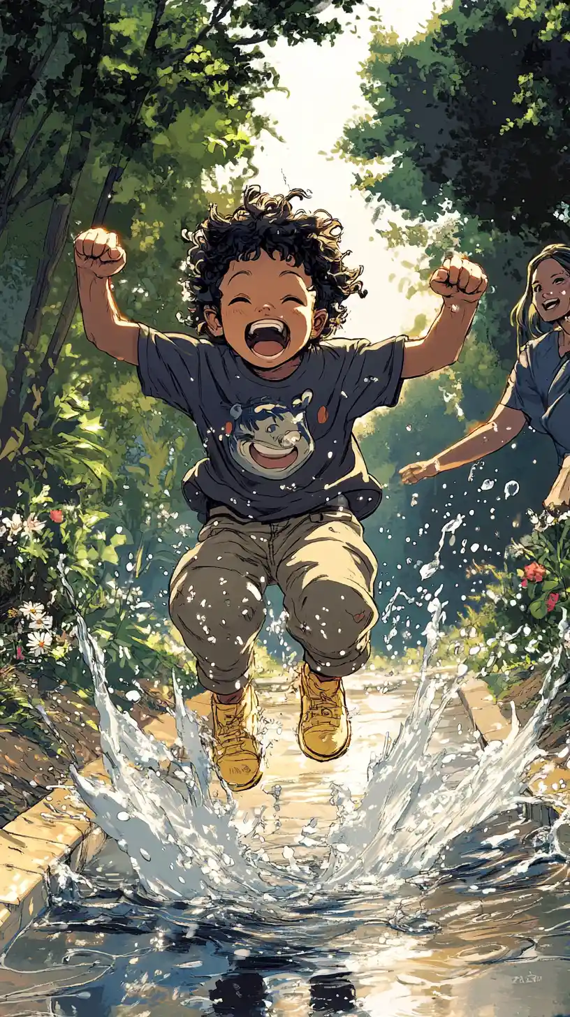 Niño feliz saltando en un charco del bosque