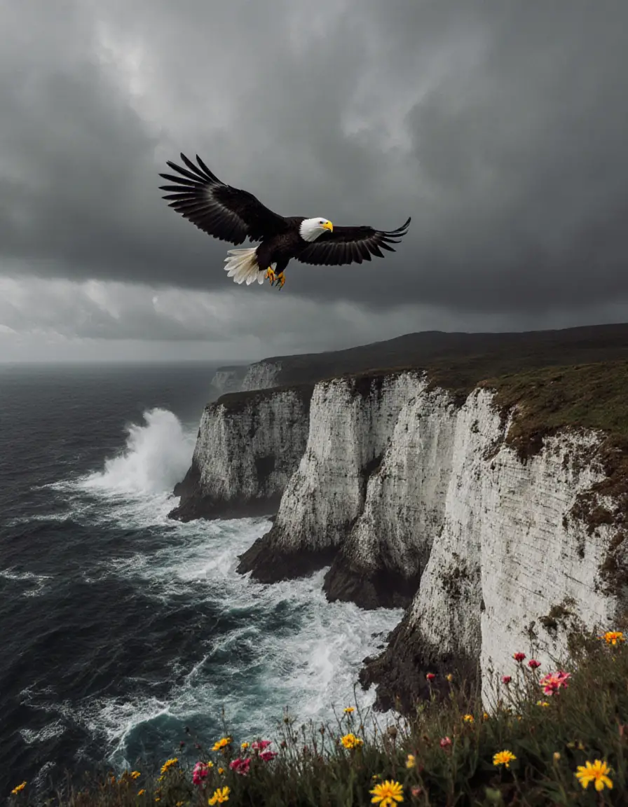 Seeadler über dramatischen weißen Meeresklippen im Flug