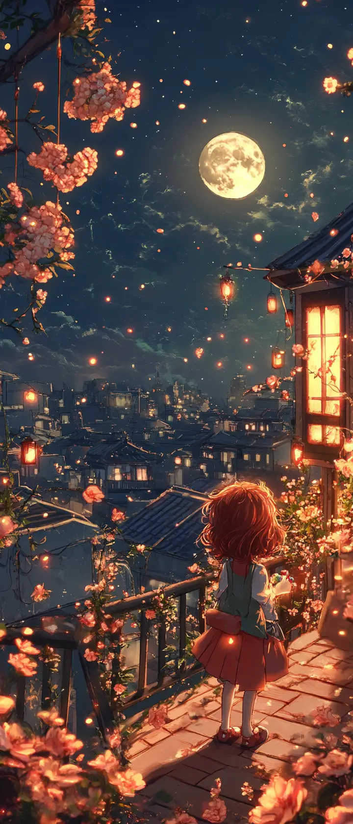 Anime-Mädchen im leuchtenden Dachgarten unter dem Vollmond