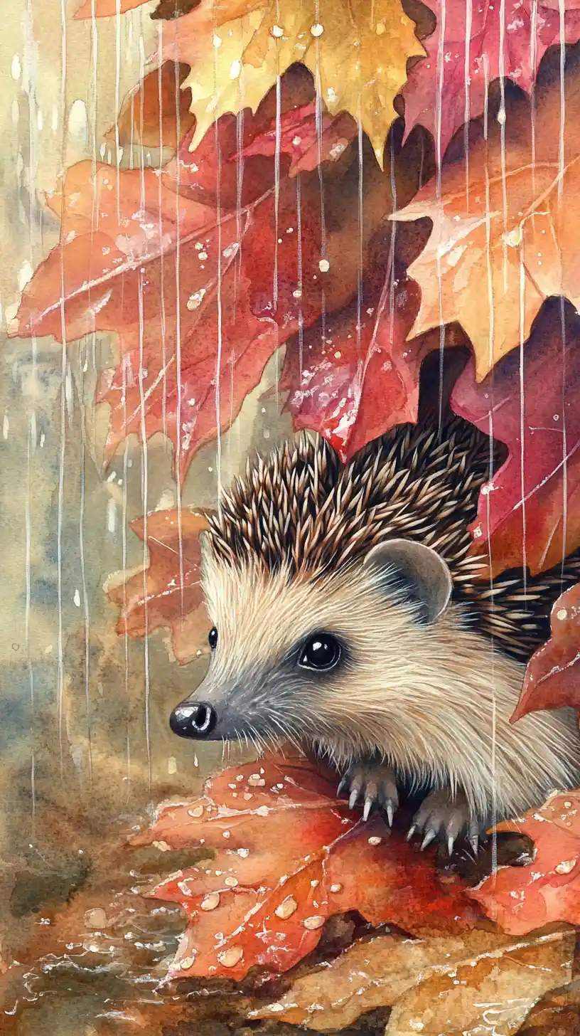 Hérisson en aquarelle sous les feuilles d’automne sous la pluie