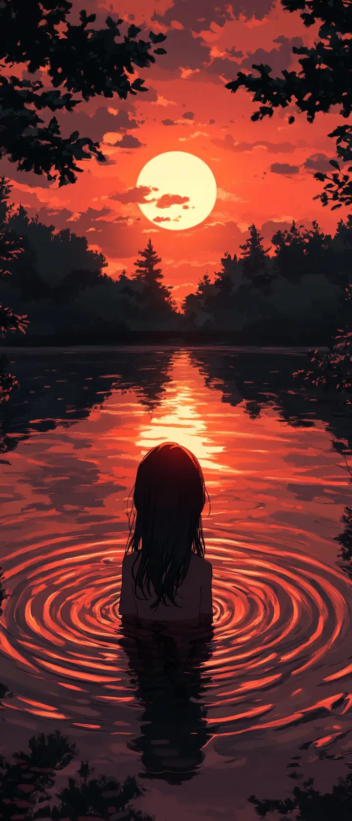 Fille d’anime au bord d’un lac tranquille au coucher de soleil cramoisi