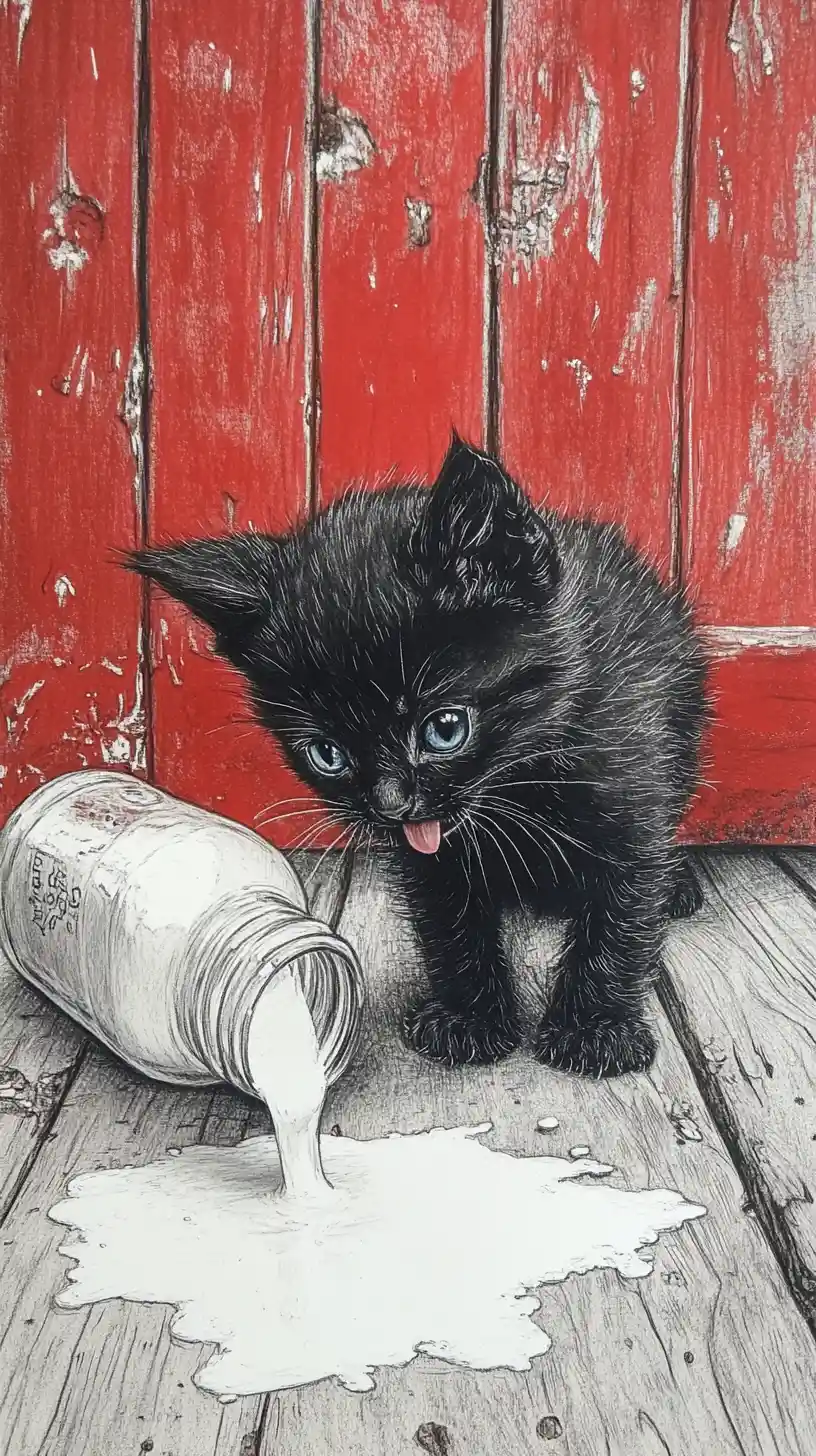 Adorable gatito lamiendo leche derramada junto a una cerca de madera roja