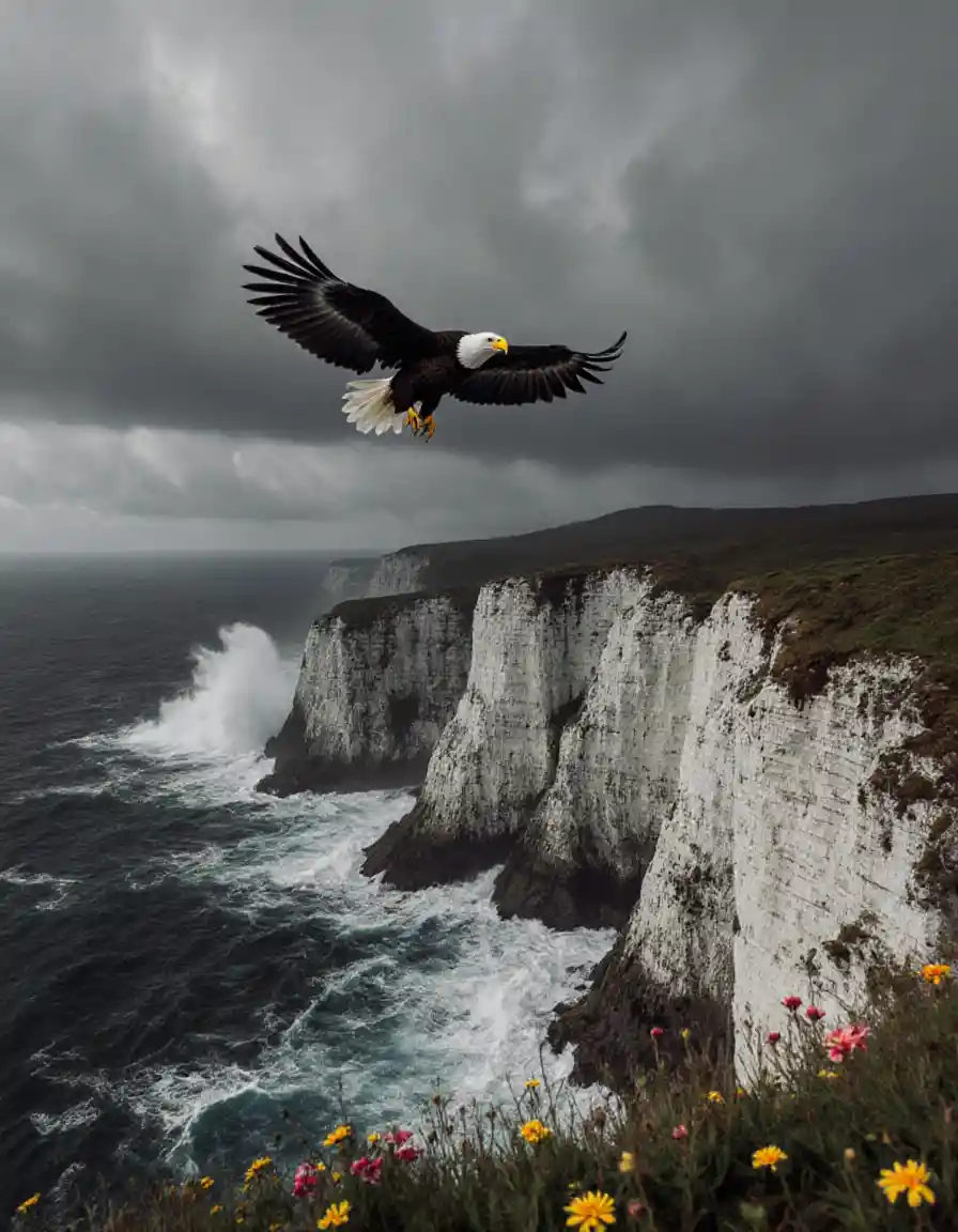 Aigle de mer planant au-dessus de spectaculaires falaises océaniques blanches