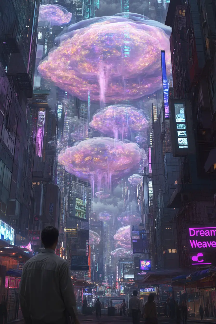 Tessitore di sogni cyberpunk che modella nuvole di energia erbale luminosa