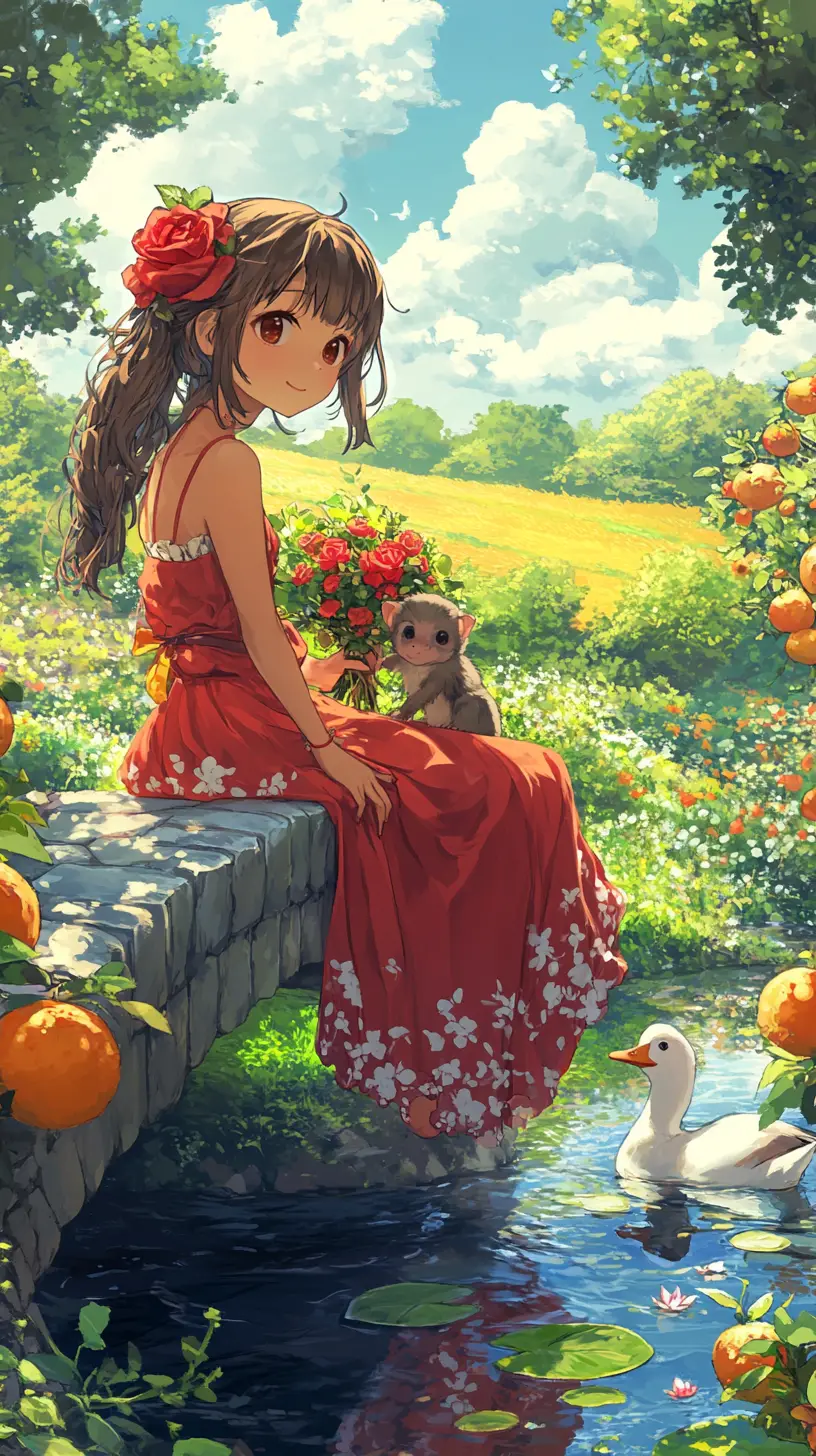 Anime-Mädchen auf einer Steinbrücke mit Blumen und Bach