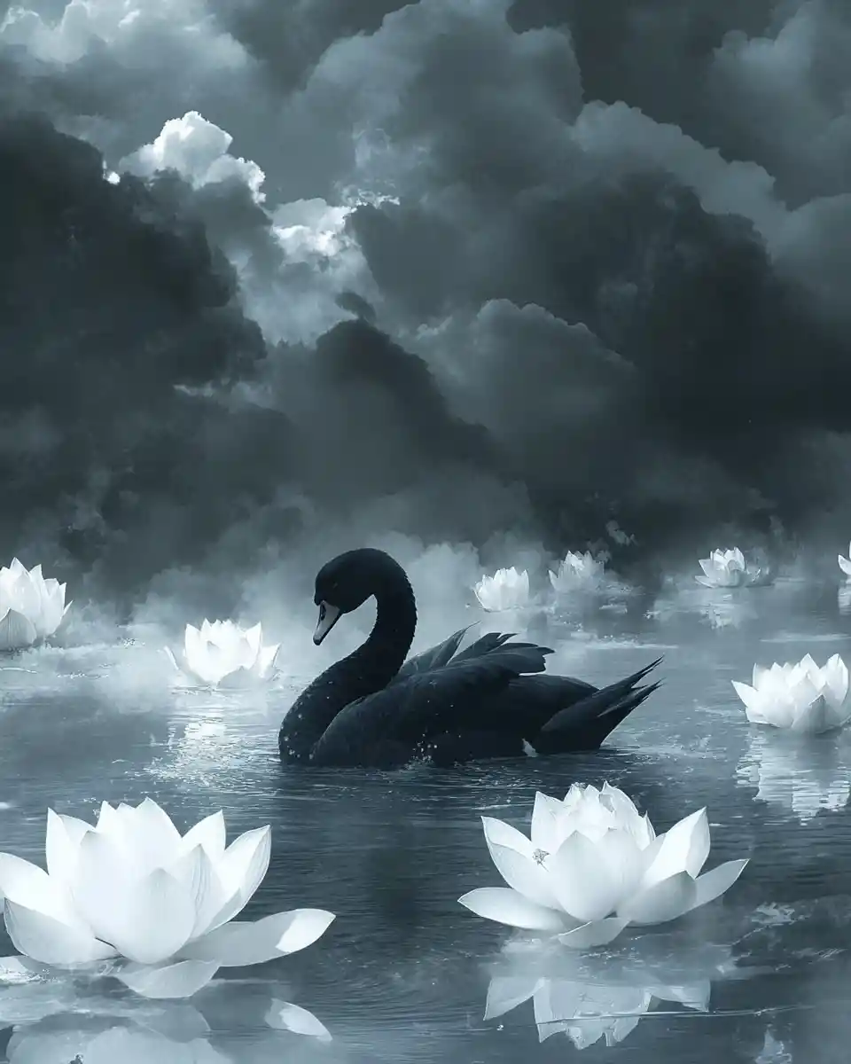 Cisne negro deslizándose por un estanque invernal brumoso