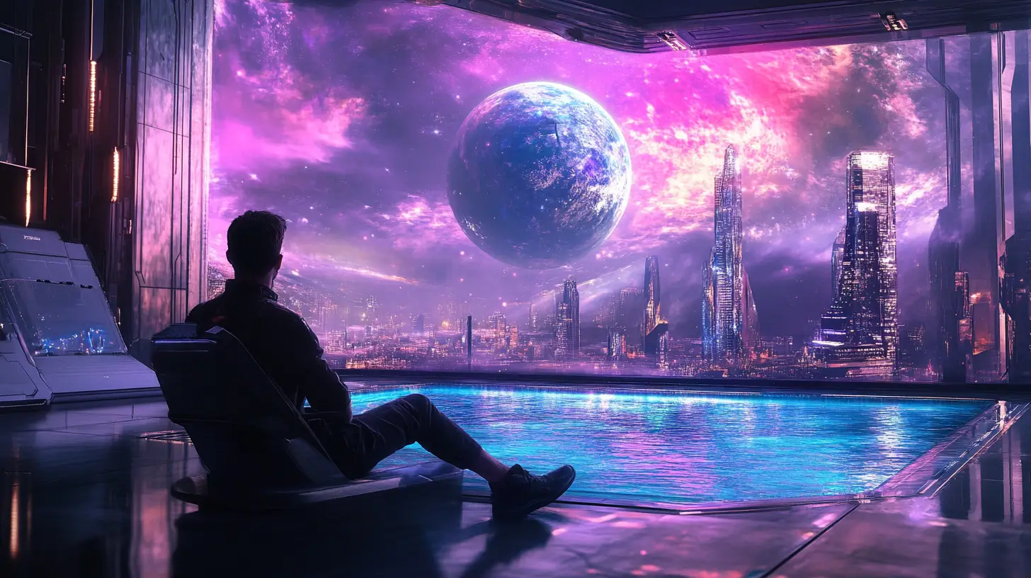 Homme se relaxant au bord de la piscine dans un appartement de luxe sur une station spatiale