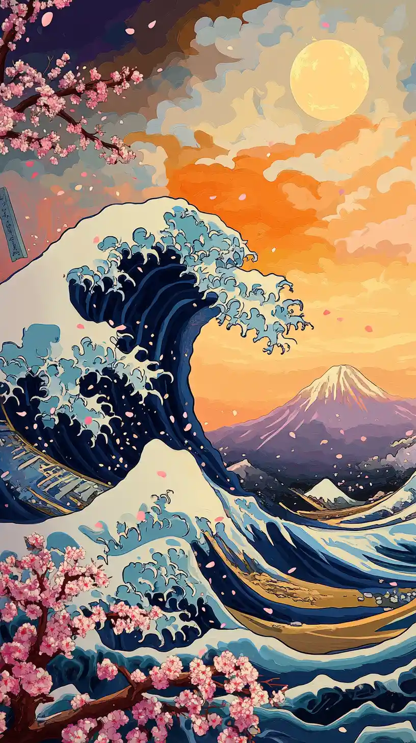 Illustrazione di grande onda colorata con fiori di ciliegio e montagne