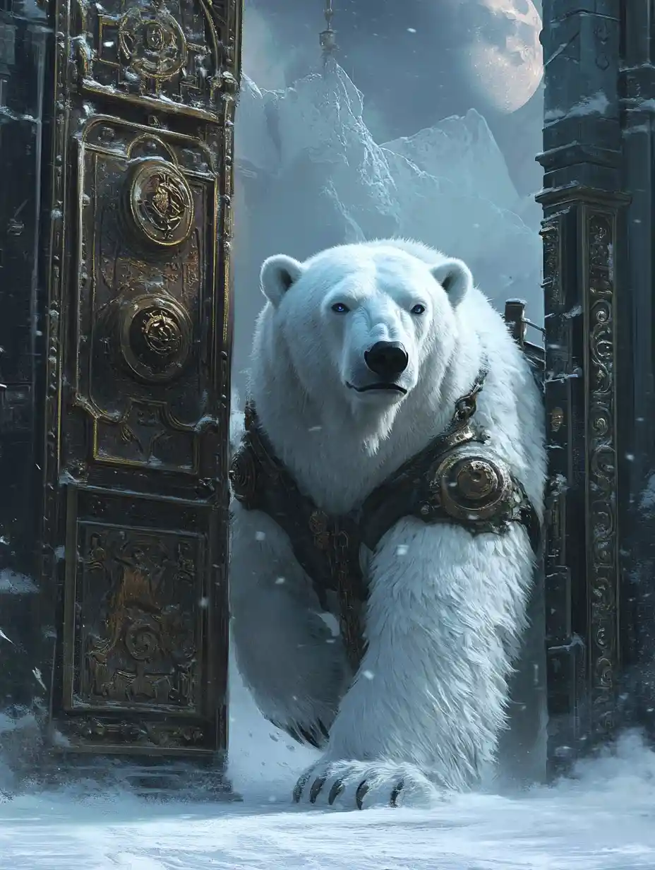 Orso polare corazzato che sorveglia un portale di legno steampunk