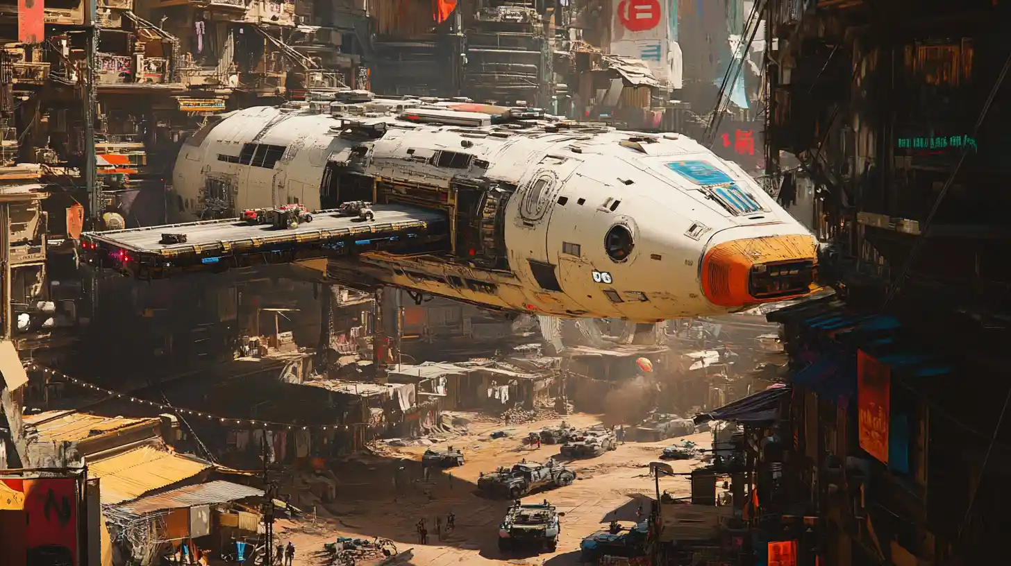 Énorme vaisseau cargo de science-fiction au-dessus d’une ville alien en ruine