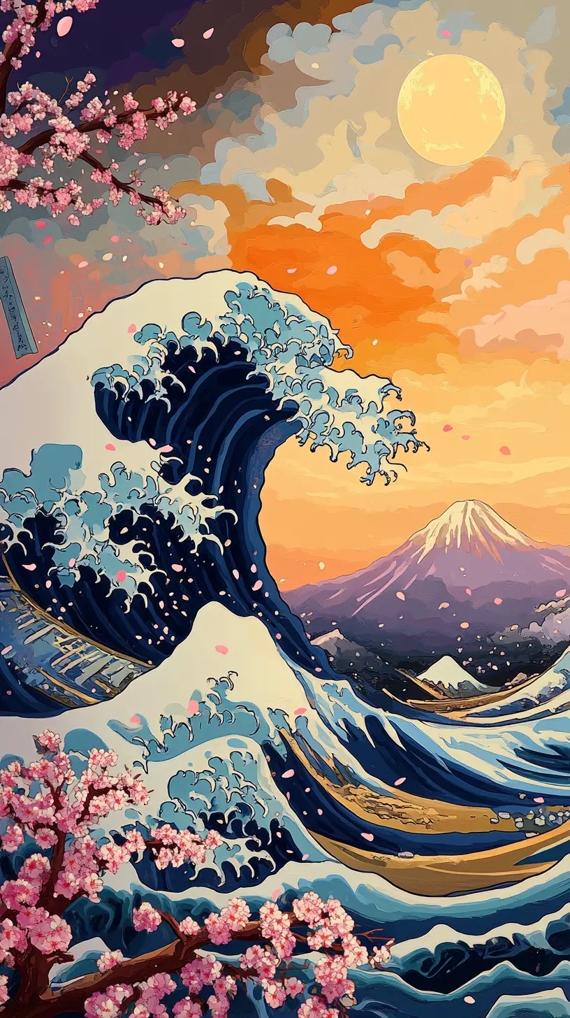 Illustration de grande vague colorée avec cerisiers en fleurs et montagnes