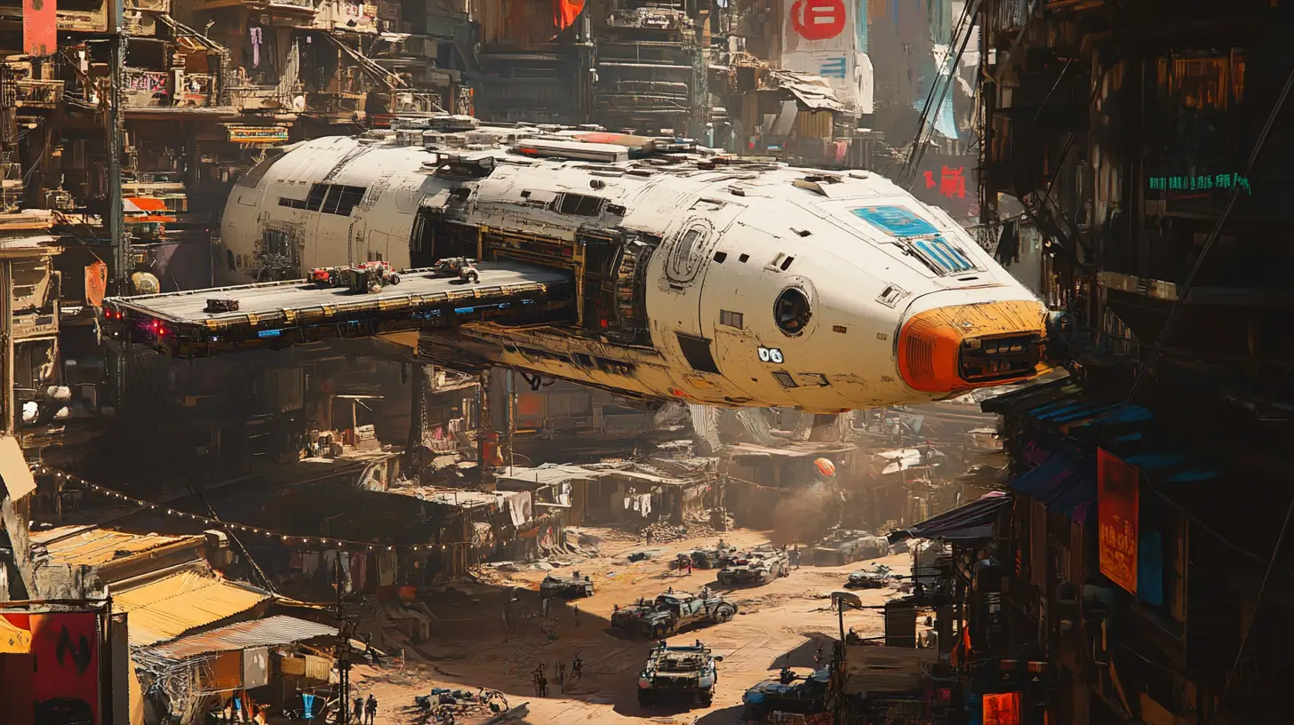 Énorme vaisseau cargo de science-fiction au-dessus d’une ville alien en ruine