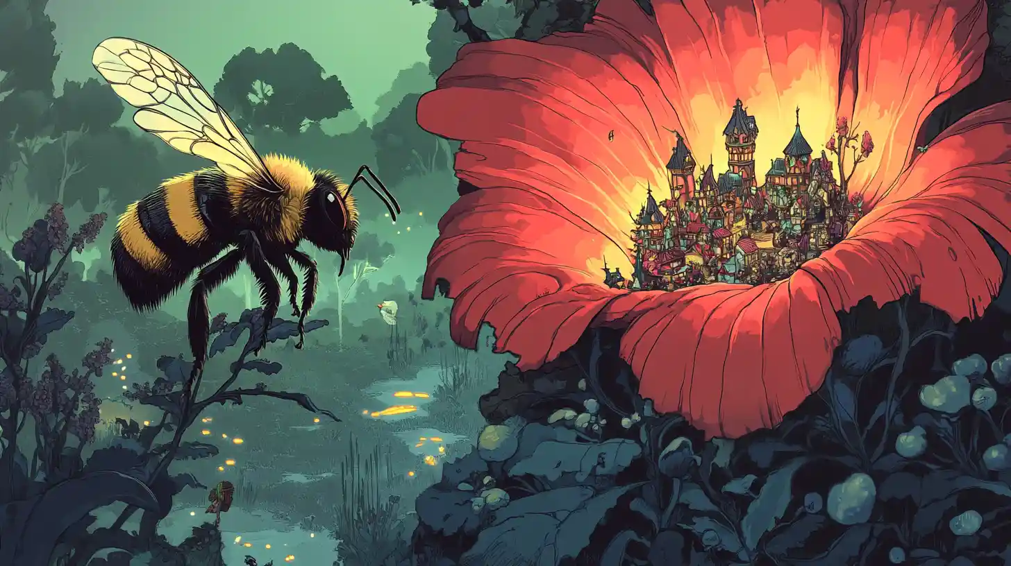 Abeja fantástica explorando una ciudad gigante de elfos florales