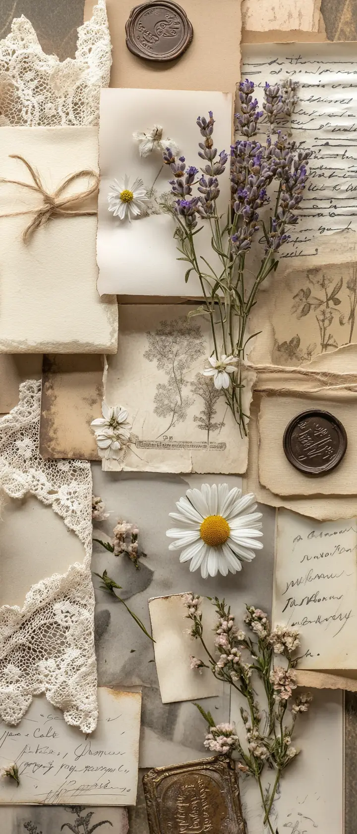 Vintage-Collage aus gepressten Wildblumen und botanischen Skizzen