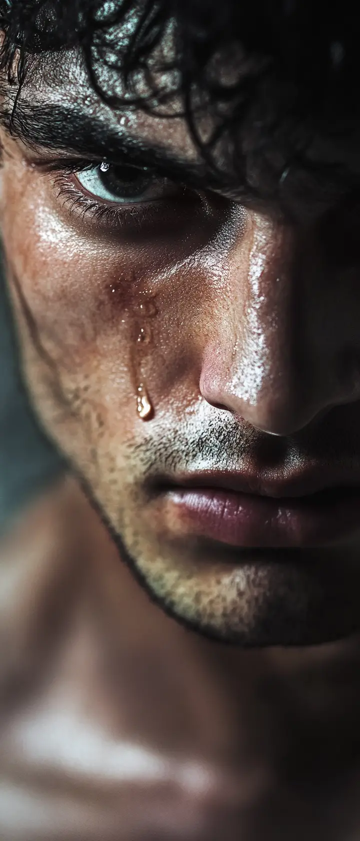 Dark fantasy: primo piano di un uomo angosciato in lacrime