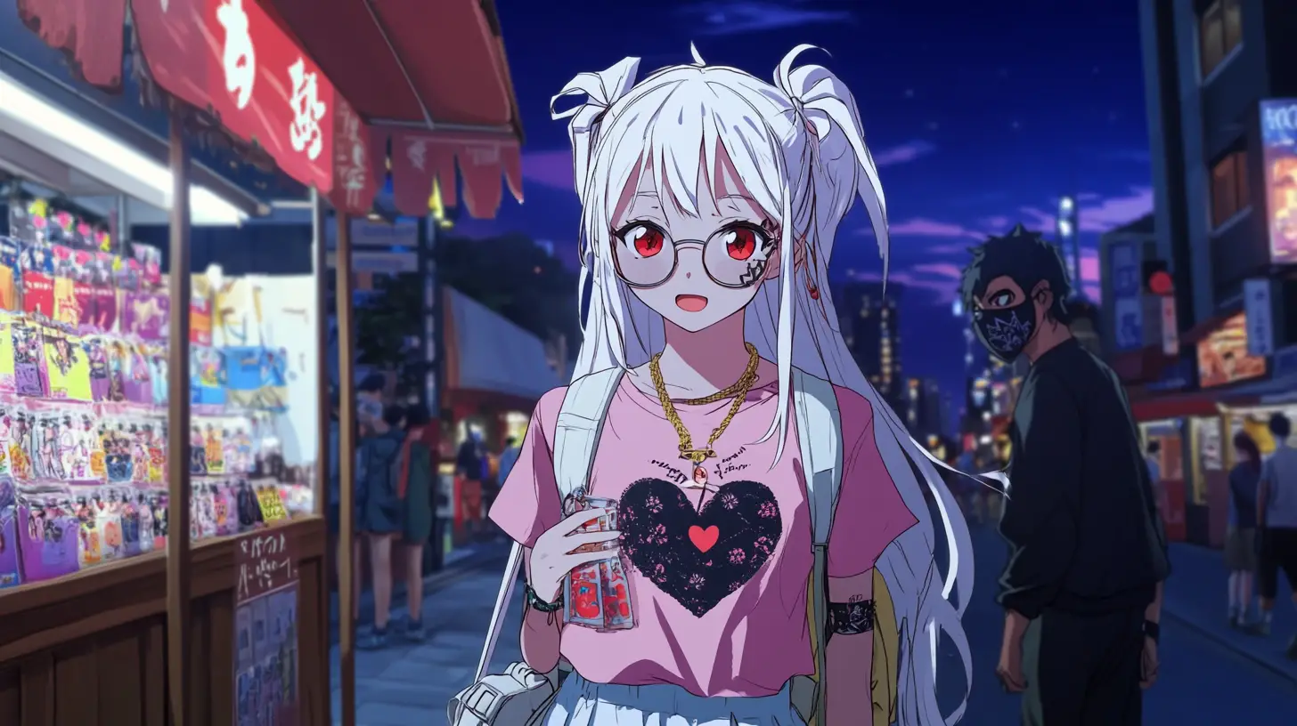 黃昏街頭紀念品攤前的動漫少女