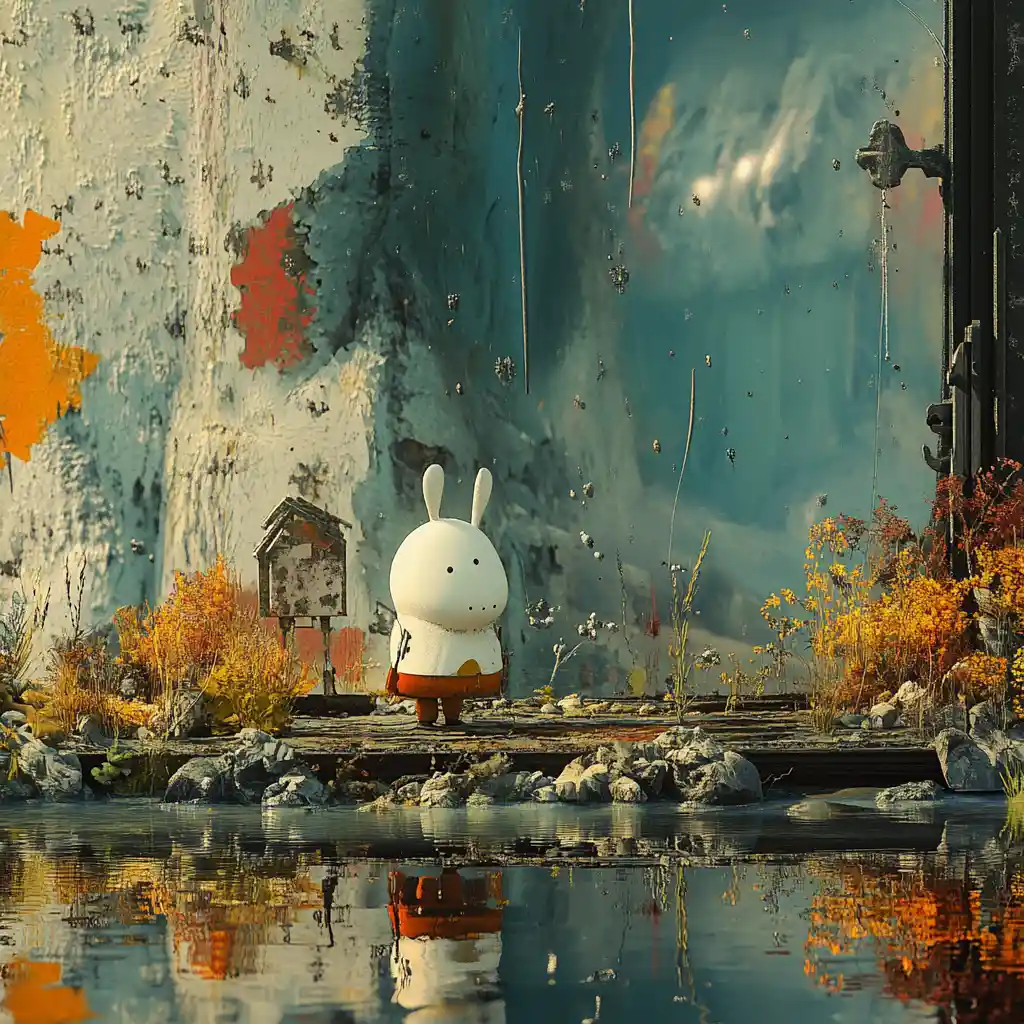 Dadaist minimalist fantasy character in surreal collage landscape