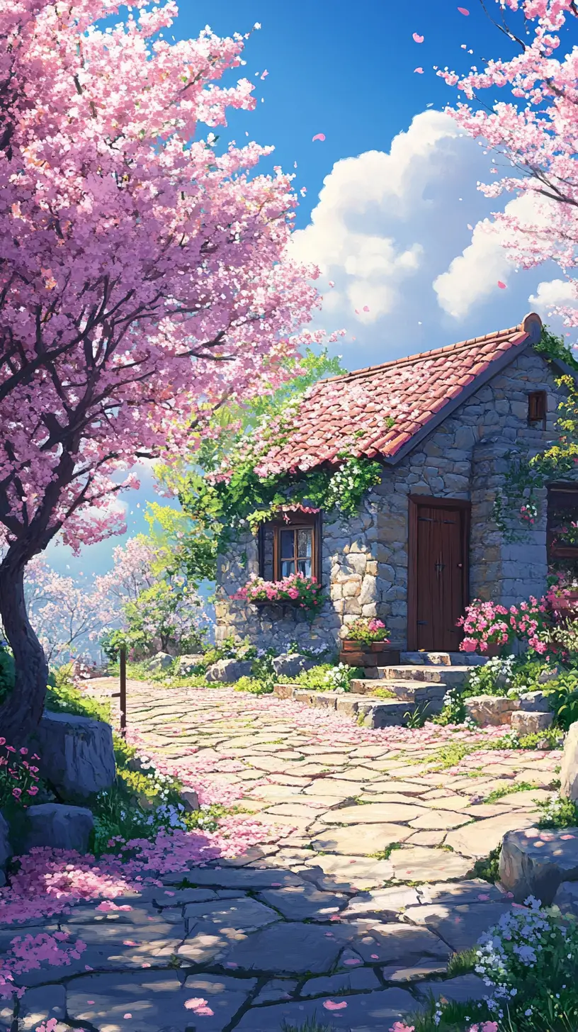櫻花樹下通往石造小屋的小徑