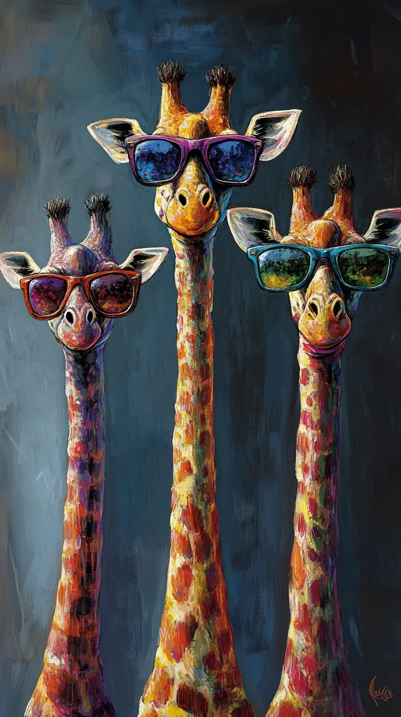 Ritratto dipinto e colorato di tre giraffe con occhiali da sole