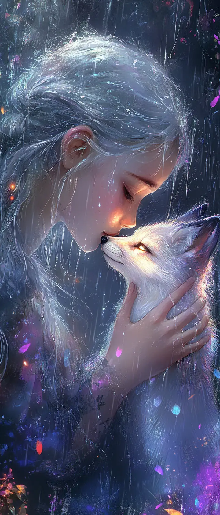 Girl Embracing Ethereal Fox Spirit In Ancient Ruins