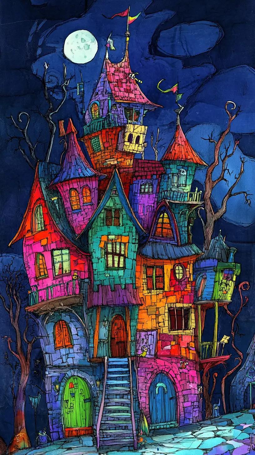Casa infestata di Halloween colorata in uno stile acquerello giocoso