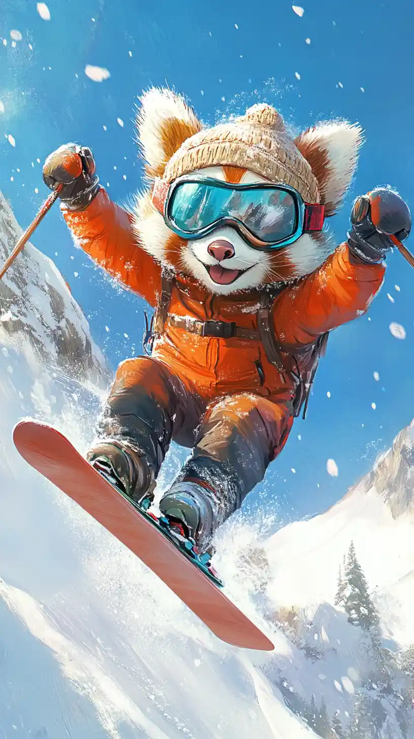 Red panda skiing in a colorful snowy mountain illustration