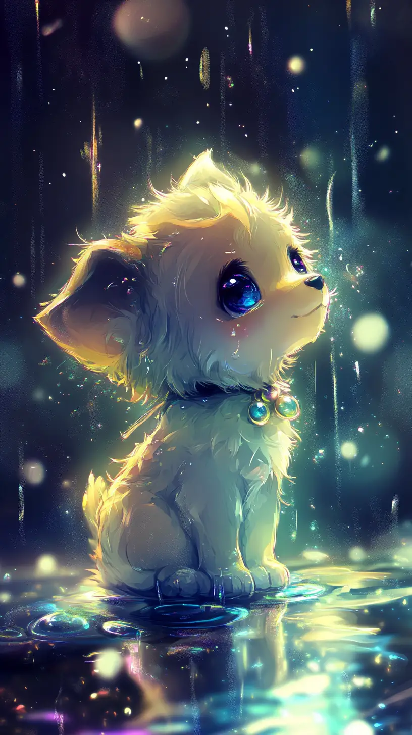 Süßer chibi‑Fantasy‑Welpe unter einem sanften Sternenhimmel