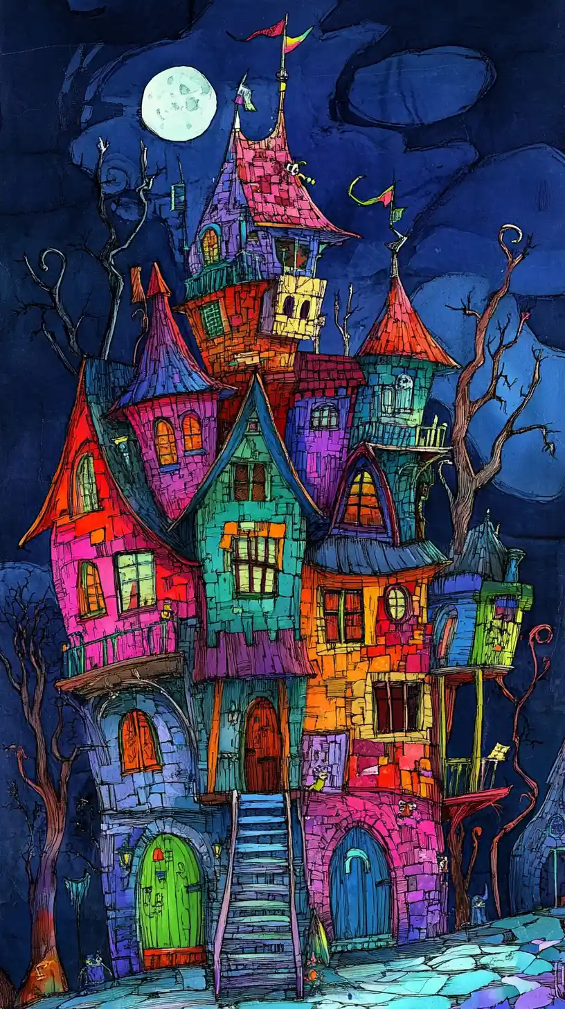 Casa infestata di Halloween colorata in uno stile acquerello giocoso