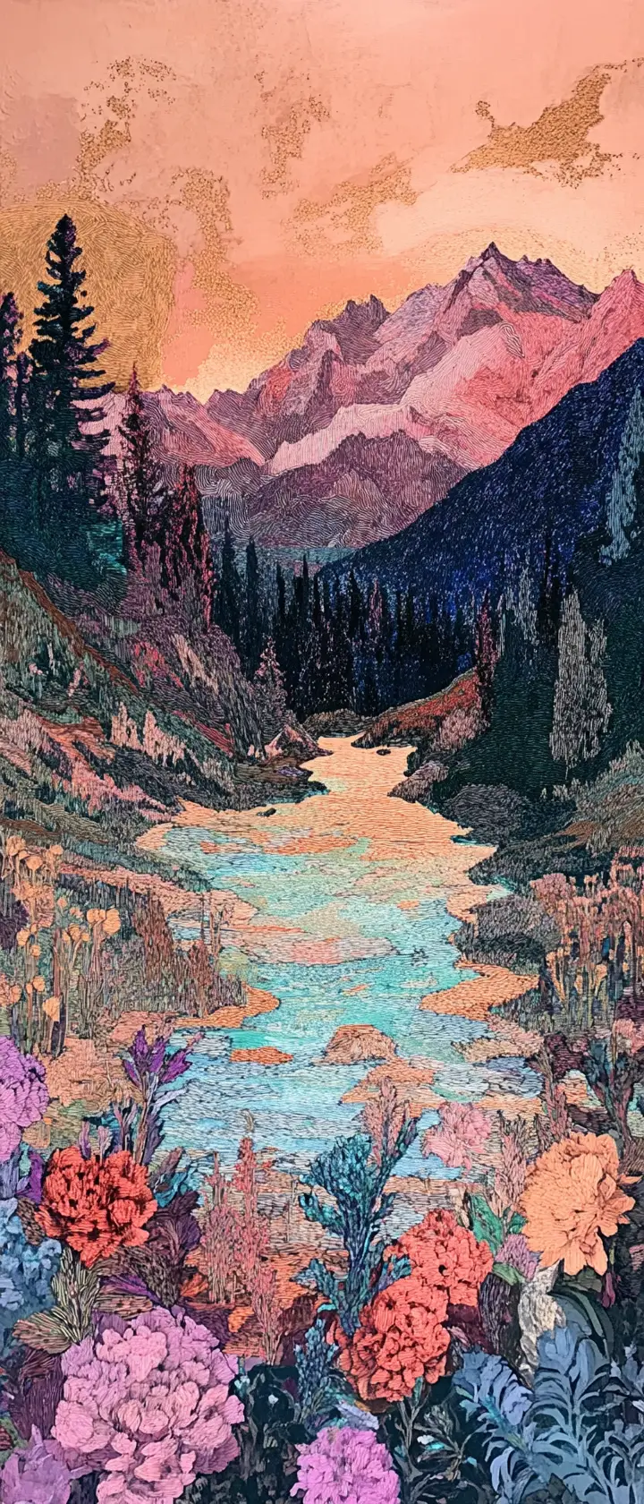 Mystische Bergwiesen mit leuchtendem Fluss in der Dämmerung
