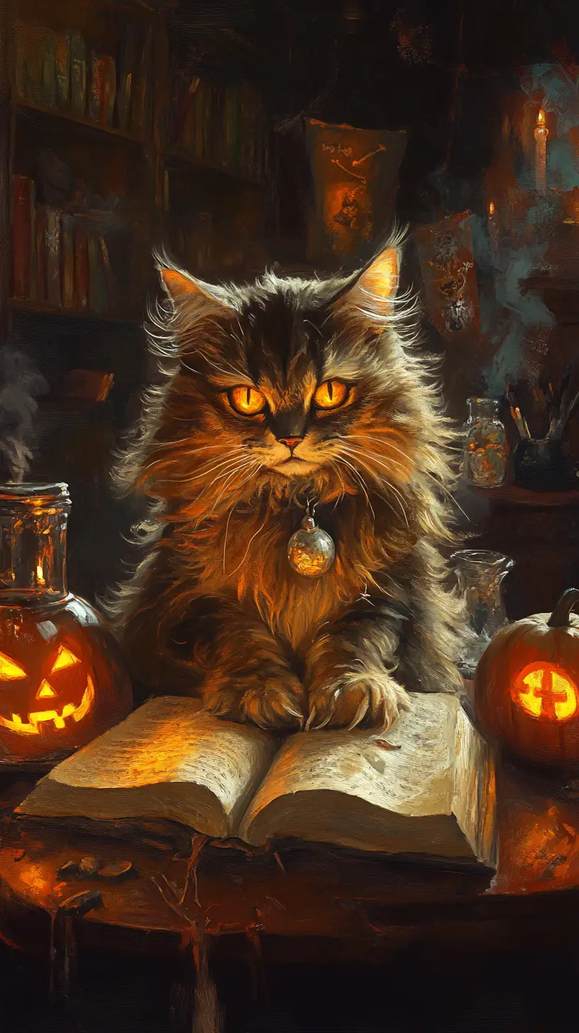 Hexenhafte Katze mit leuchtenden Augen in einer kerzenbeleuchteten Bibliothek