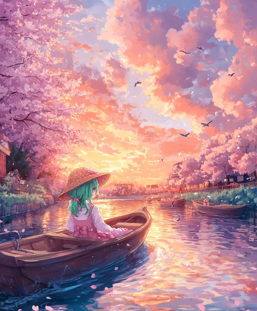夕陽下寧靜河面上乘船漂流的動漫女孩