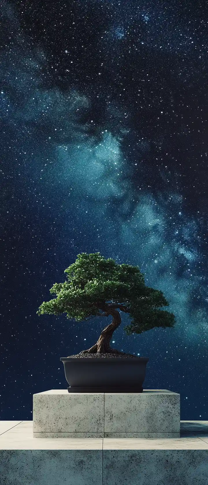 Minimalistischer Bonsai-Dachgarten unter dem Sternenhimmel