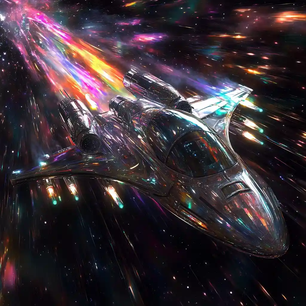 銀色太空船穿越霓虹彩虹宇宙