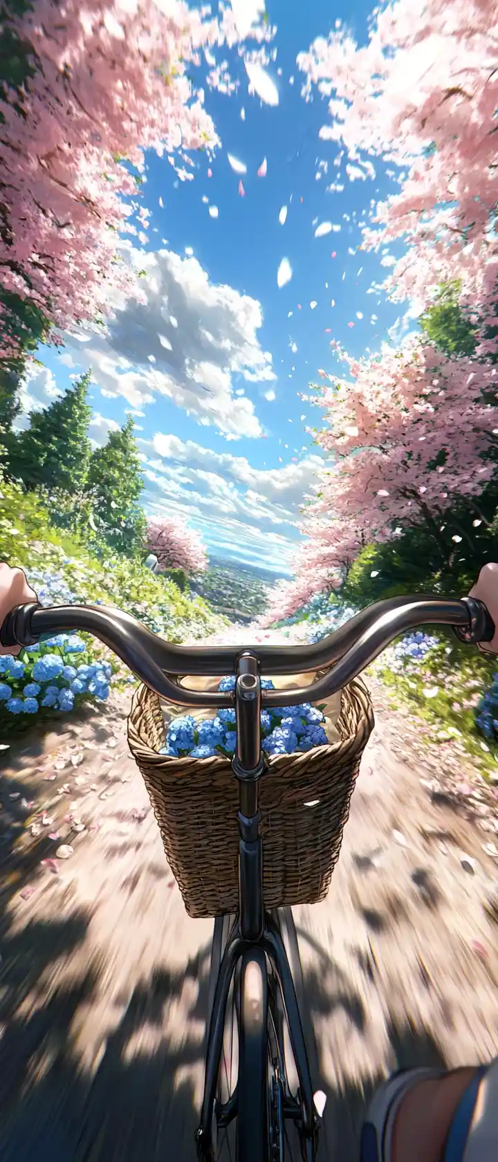 動漫少女沿著花海鄉間小路騎自行車
