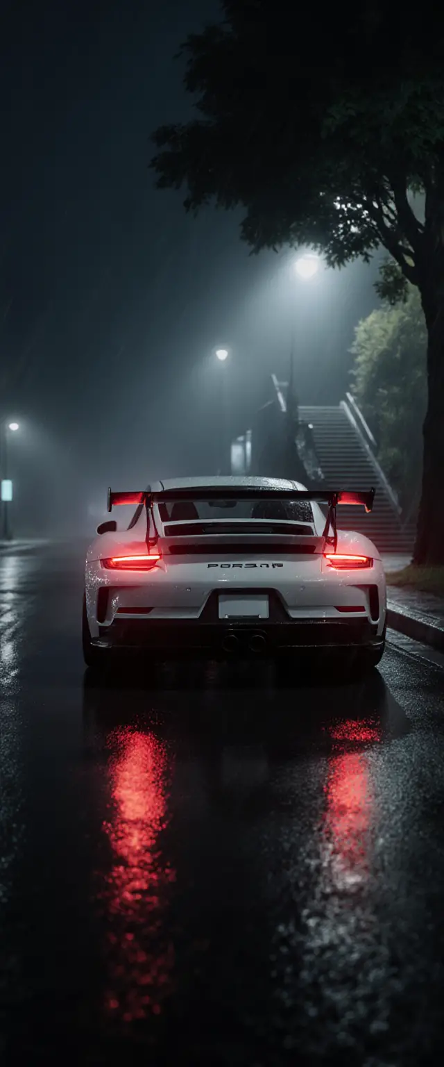 Weißer Sportwagen auf einer regennassen Stadtstraße bei Nacht